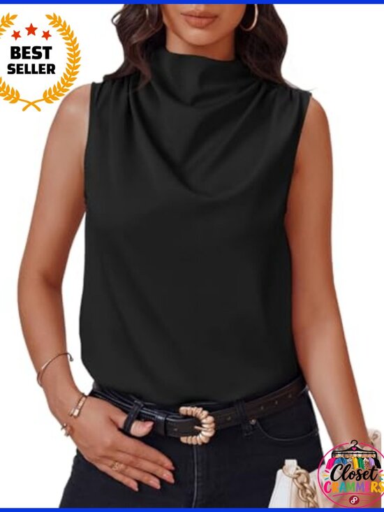 Tops - Mock Neck Satin Tank Top Sleeveless Ruched Business Casual Blouse